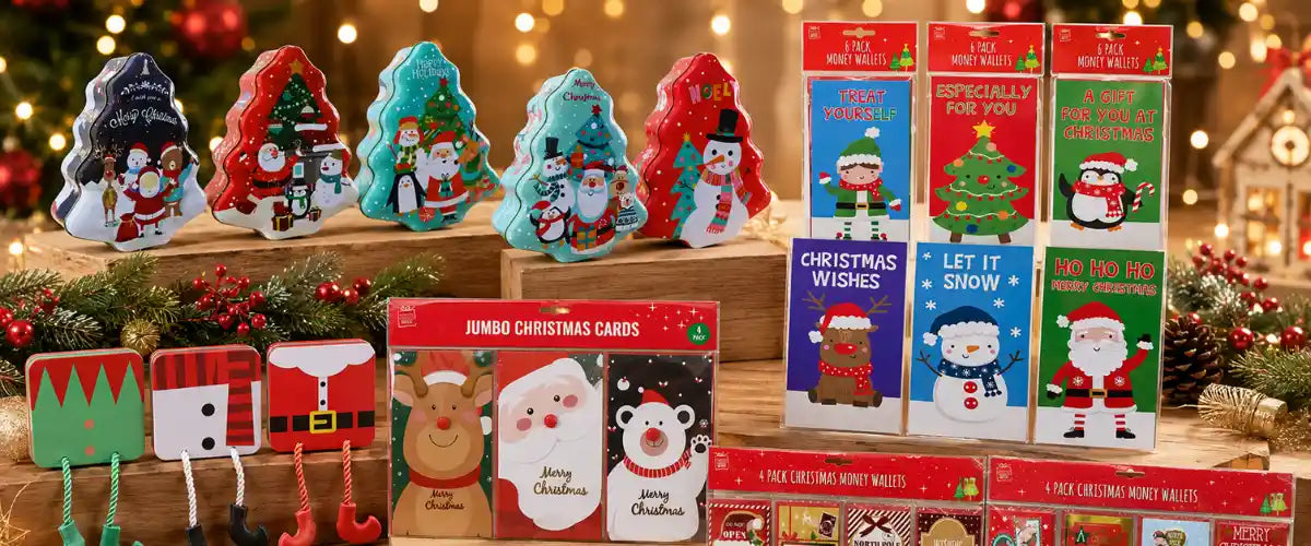 Christmas gift card tins and card wallets featuring festive designs for presenting gift cards, cash and small holiday gifts.