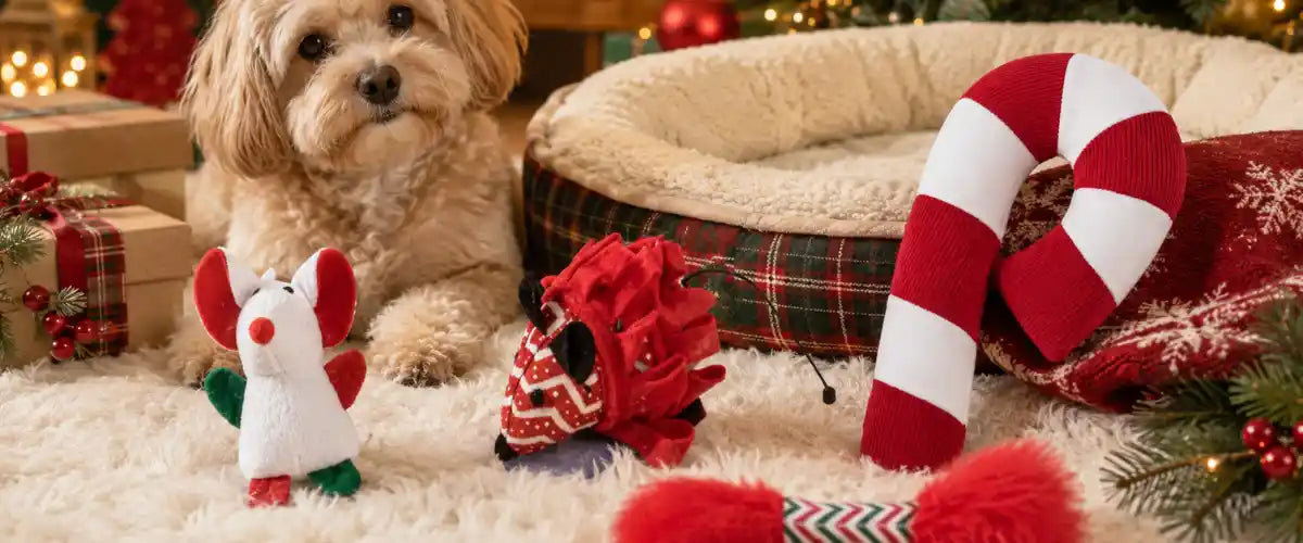 Christmas Gifts for Fur Babies featuring festive pet toys, accessories, treats and holiday-themed gifts for dogs and cats.
