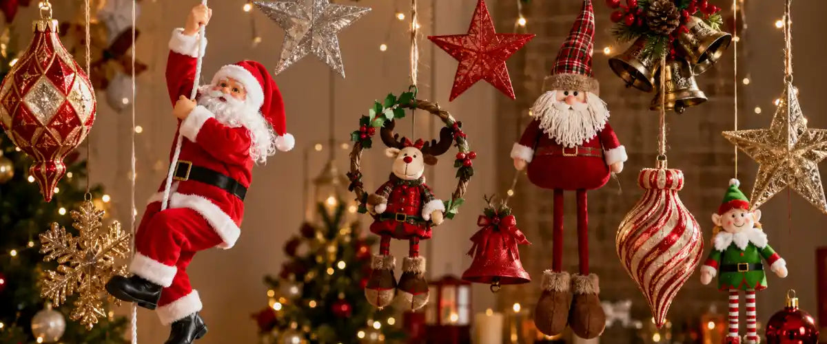 Christmas hanging decorations collection with assorted festive designs for holiday decorating