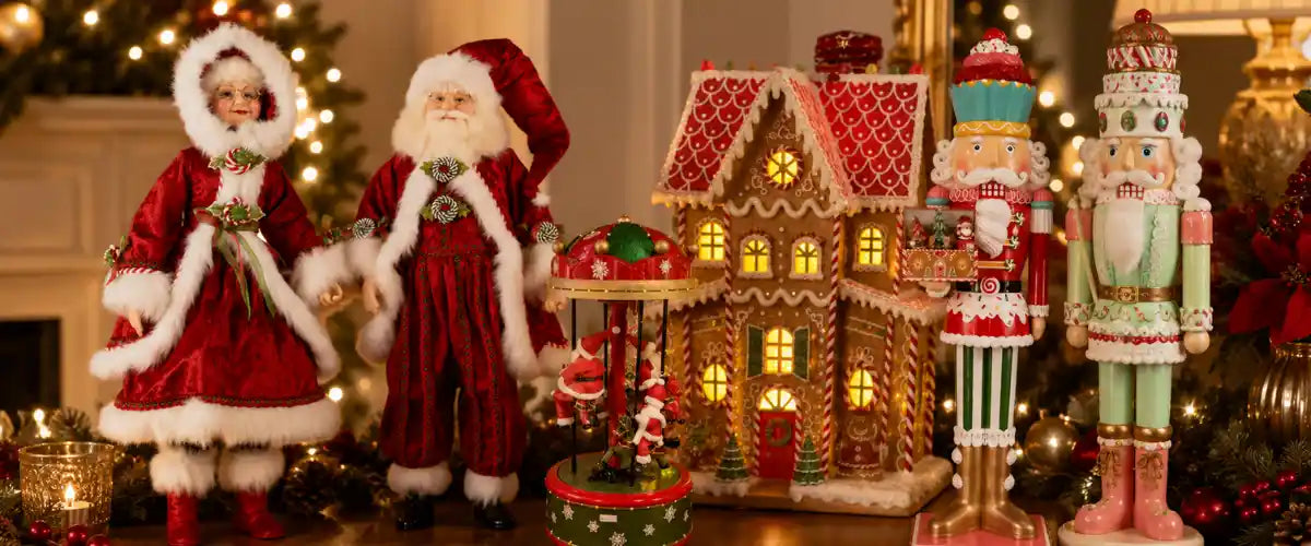 Festive Christmas home decorations including garlands, wreaths, table displays, musical decor, and large animated decorations for a joyful holiday atmosphere.