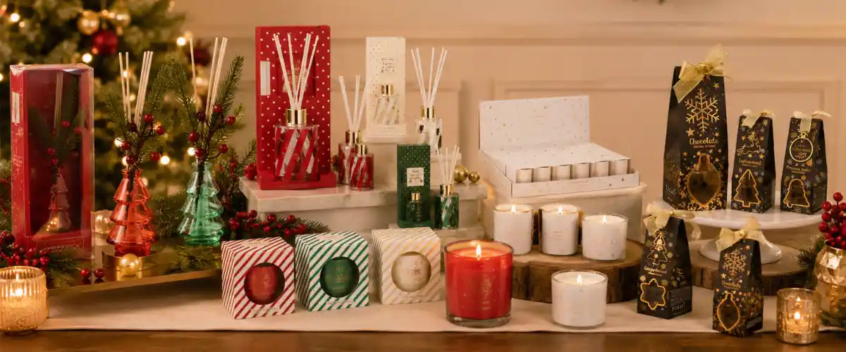 Christmas home fragrances featuring festive candles, diffusers and seasonal scents for creating a warm and welcoming holiday atmosphere.