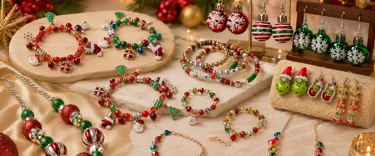 Christmas Jewellery featuring festive earrings, necklaces, bracelets and seasonal accessories in cheerful holiday designs, perfect for parties and Christmas gifting.