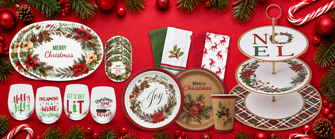 Festive Christmas tableware and partyware, including plates, cups, napkins, and serving sets, perfect for holiday gatherings and celebrations.