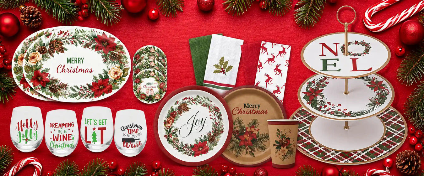 Festive Christmas tableware and partyware, including plates, cups, napkins, and serving sets, perfect for holiday gatherings and celebrations.