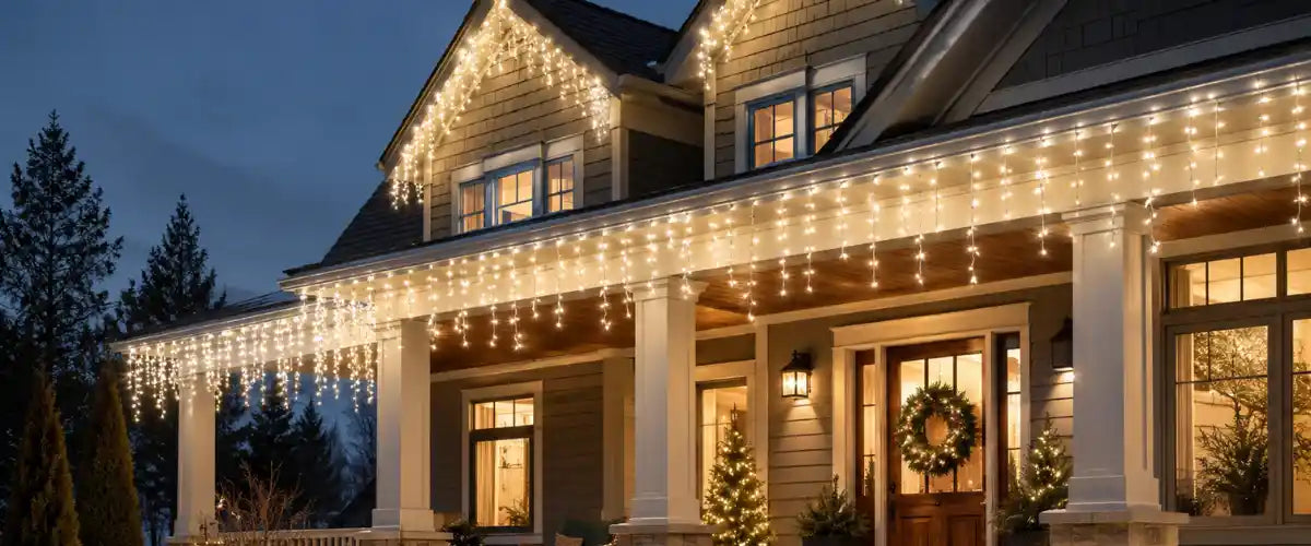 Christmas LED icicle lights creating a bright festive display for indoor and outdoor Christmas decorating.