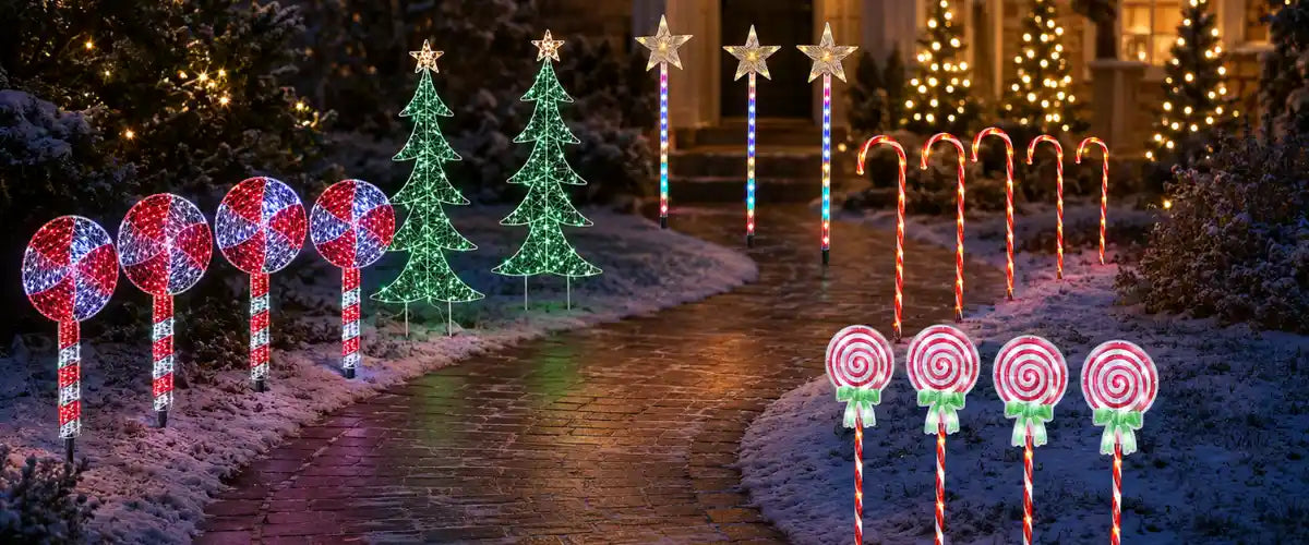 Christmas LED path lights featuring festive illuminated designs for pathways, gardens, driveways and outdoor Christmas displays.