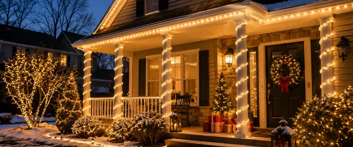 Christmas LED rope lights featuring bright flexible illumination for outlining roofs, windows, pathways and festive indoor or outdoor holiday displays.