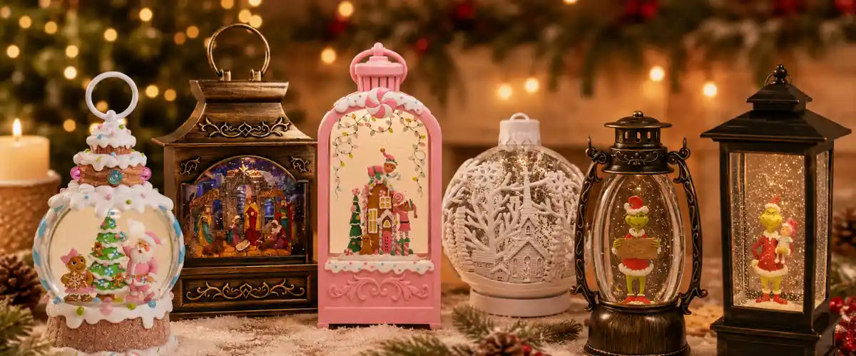 Christmas lanterns featuring festive designs and warm decorative lighting for tabletops, entryways, mantels and seasonal holiday displays.