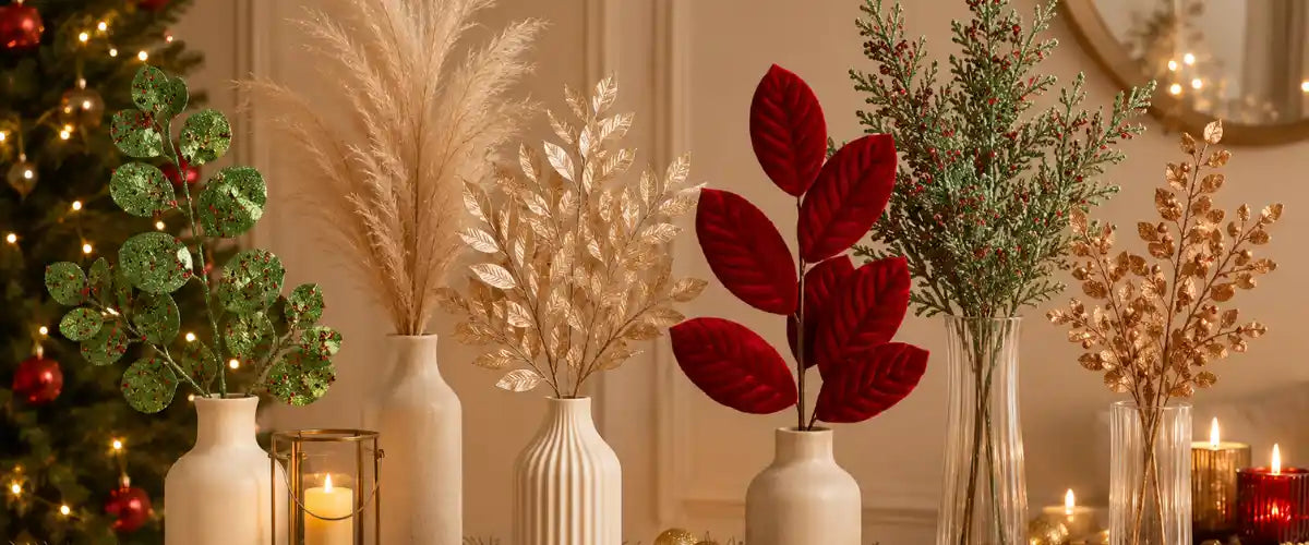 Christmas leaf décor featuring green, red, gold and champagne artificial foliage arranged in decorative vases beside warm festive lights and a Christmas tree.