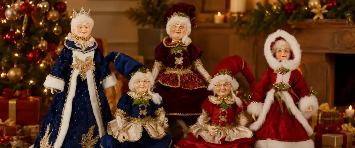 Christmas Mrs Claus decorations featuring festive character designs for tabletops, shelves, mantels and cheerful holiday displays.
