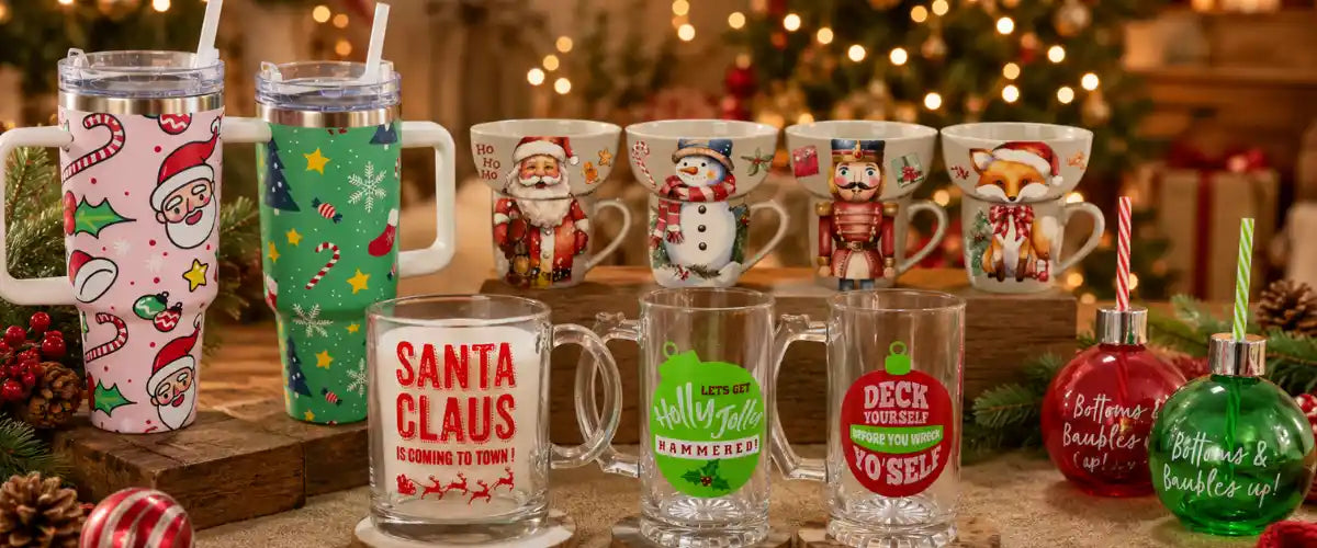 Christmas mugs and coasters featuring festive designs for holiday drinks, seasonal entertaining and Christmas gift giving.