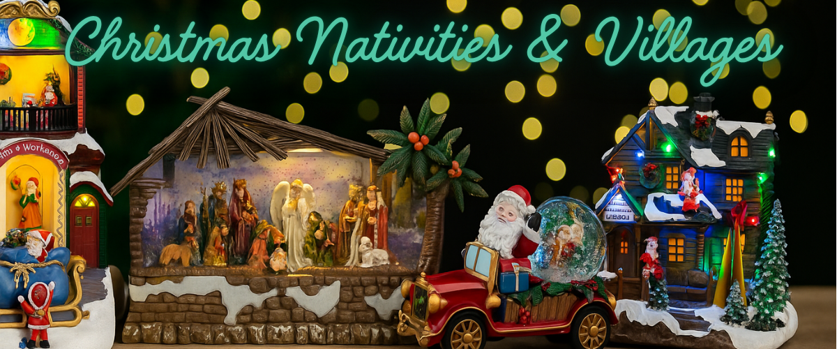 Christmas nativity and village display featuring the Holy Family, miniature cottages, and festive lights for a traditional holiday setup.