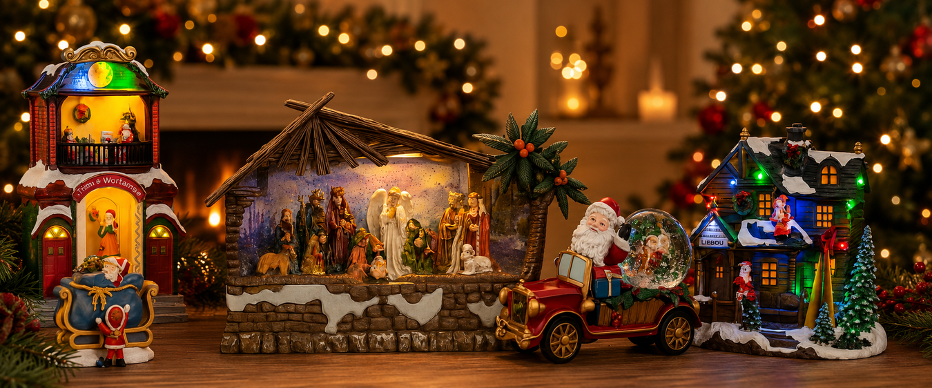 Christmas nativity and village display featuring the Holy Family, miniature cottages, and festive lights for a traditional holiday setup.