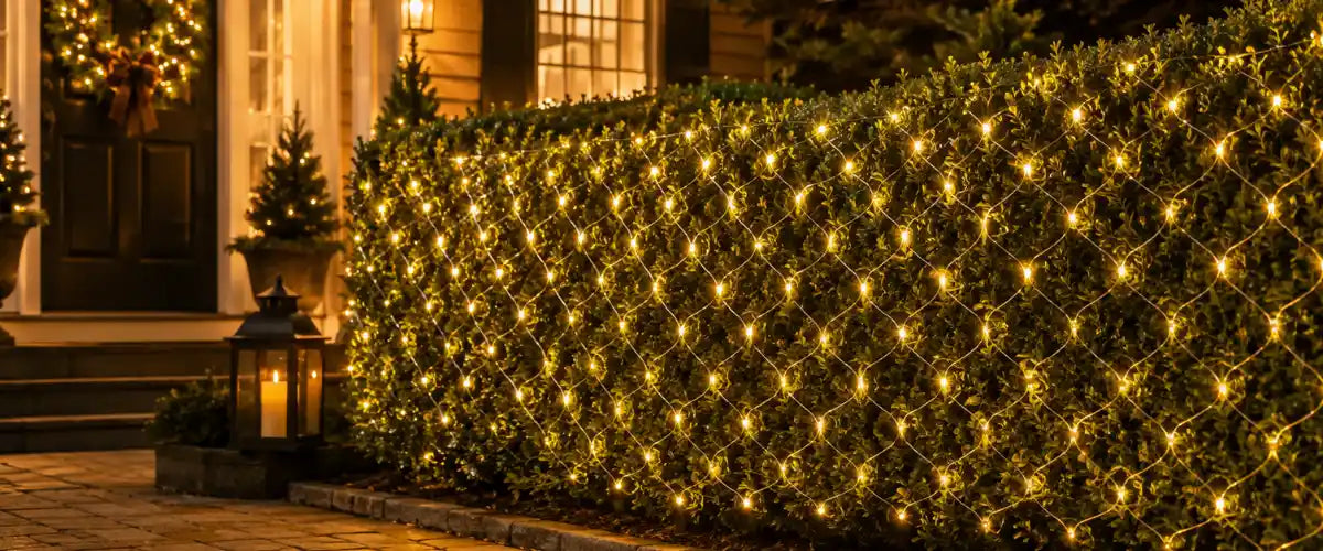 Christmas net lights featuring evenly spaced LED illumination for bushes, hedges, fences and festive outdoor holiday displays.