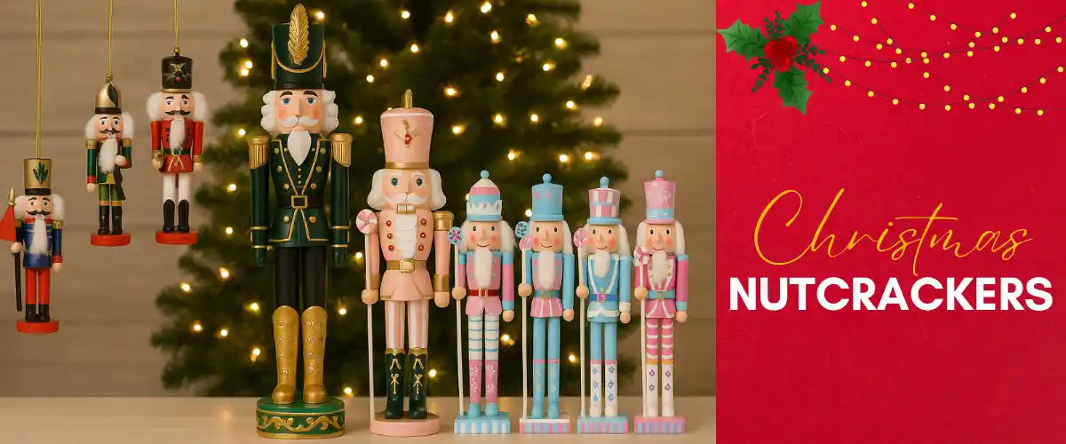 Christmas nutcrackers featuring traditional festive designs for mantels, entryways, tabletops and classic holiday decorating.
