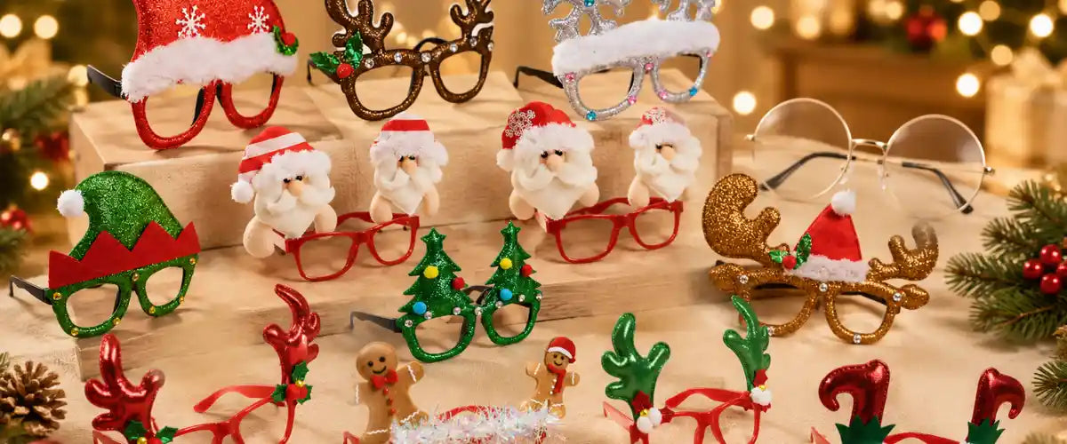 Christmas Party Eye Glasses featuring fun festive novelty eyewear in colourful holiday designs, perfect for Christmas parties, photos and celebrations.