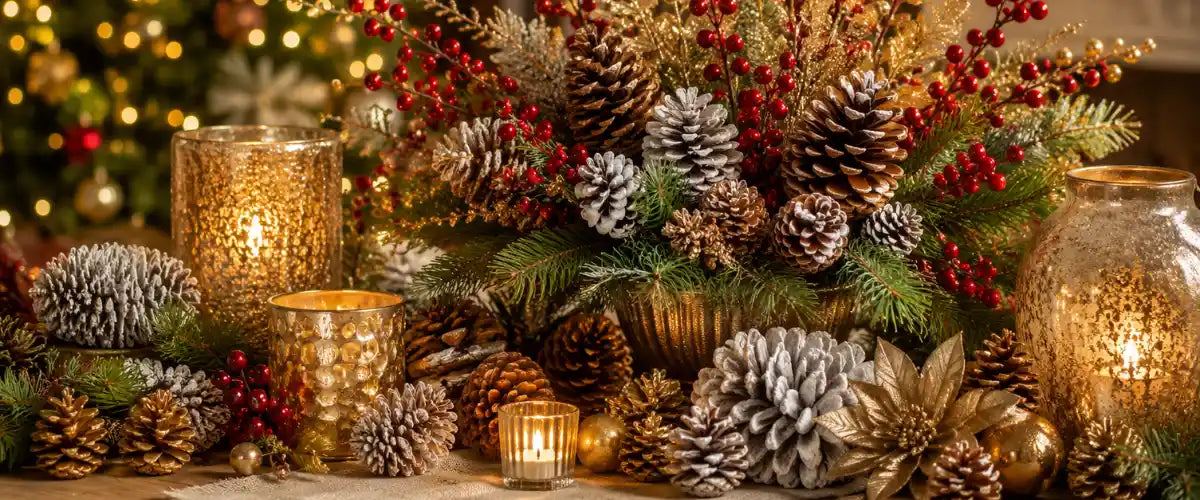 Christmas pine cones and picks decor collection with festive accents for holiday decorating