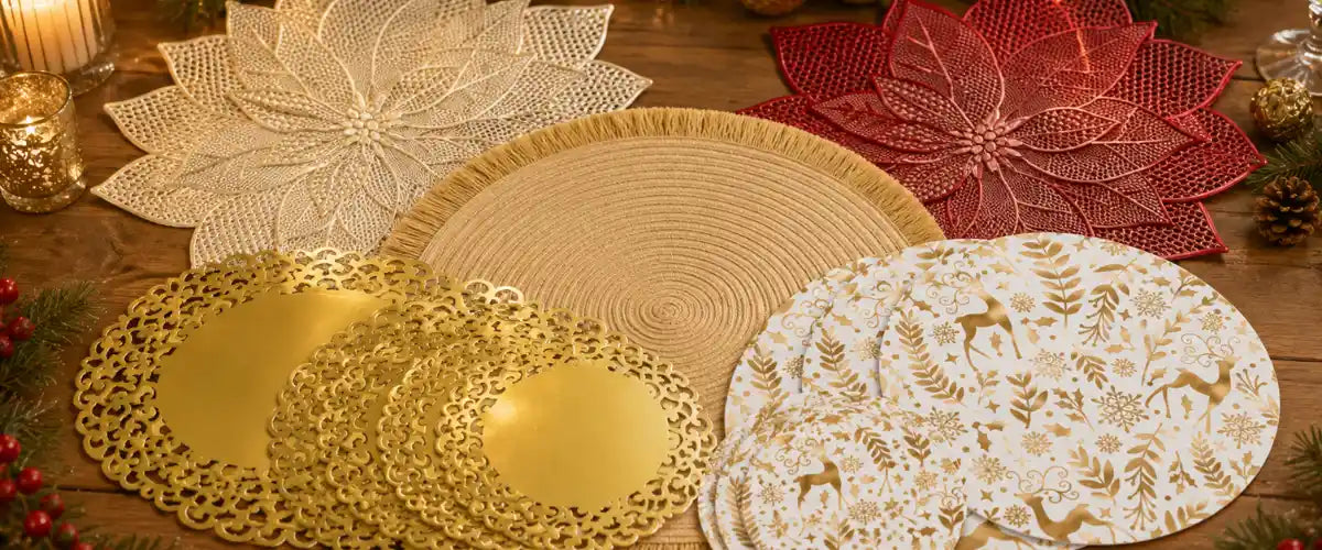 Christmas placemats featuring festive designs for holiday dining, seasonal table settings and Christmas entertaining.