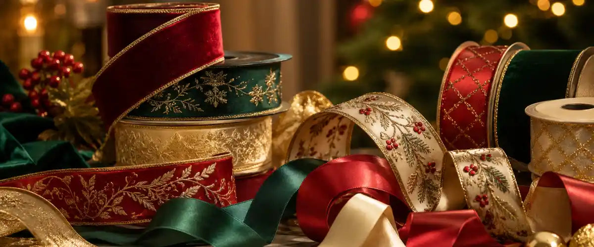 Christmas ribbons collection with assorted festive colours for gift wrapping and decorating