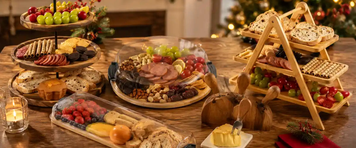 Christmas Serving Boards featuring festive platters and decorative boards for serving appetisers, snacks, cheeses and treats during holiday gatherings.