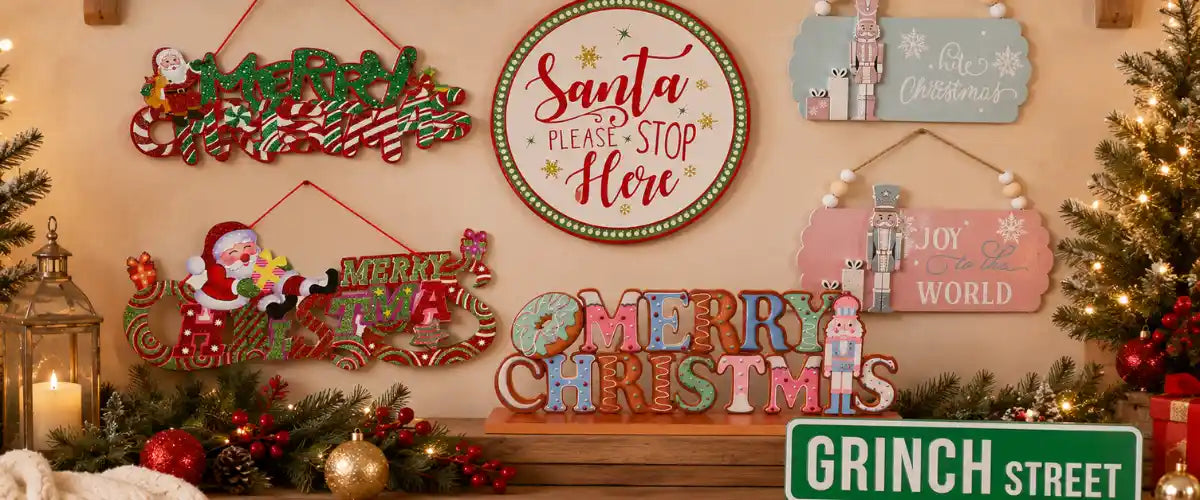 Christmas Signs featuring festive plaques, hanging signs and decorative holiday messages for doors, walls, entryways and seasonal displays.