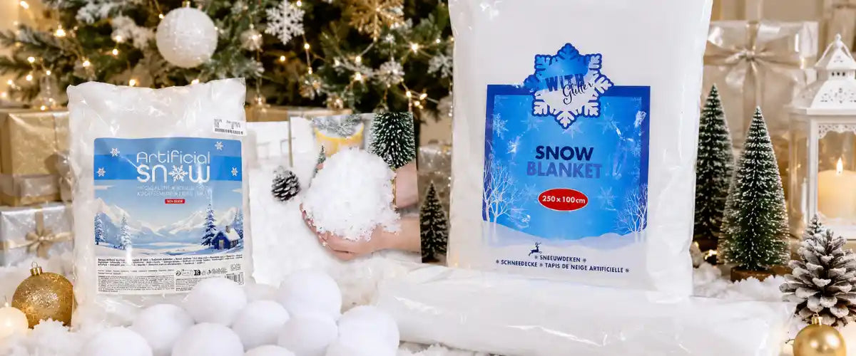 Christmas snow decor collection with assorted festive snow accessories for holiday decorating