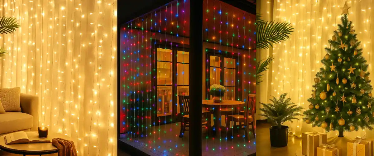 Christmas solar curtain lights creating sparkling outdoor and window displays with energy-efficient solar-powered festive illumination.