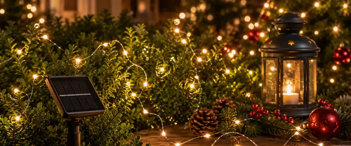 Christmas solar fairy lights featuring sparkling, energy-efficient illumination for trees, gardens, fences and festive outdoor displays.