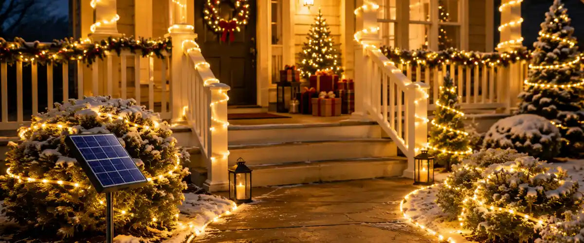 Christmas Solar Rope Lights featuring flexible solar-powered LED lighting for decorating outdoor trees, fences, pathways, gardens and festive displays.