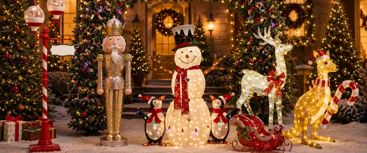 Christmas standing and large decorations featuring festive statement pieces for entryways, living spaces, shop displays and seasonal holiday décor.