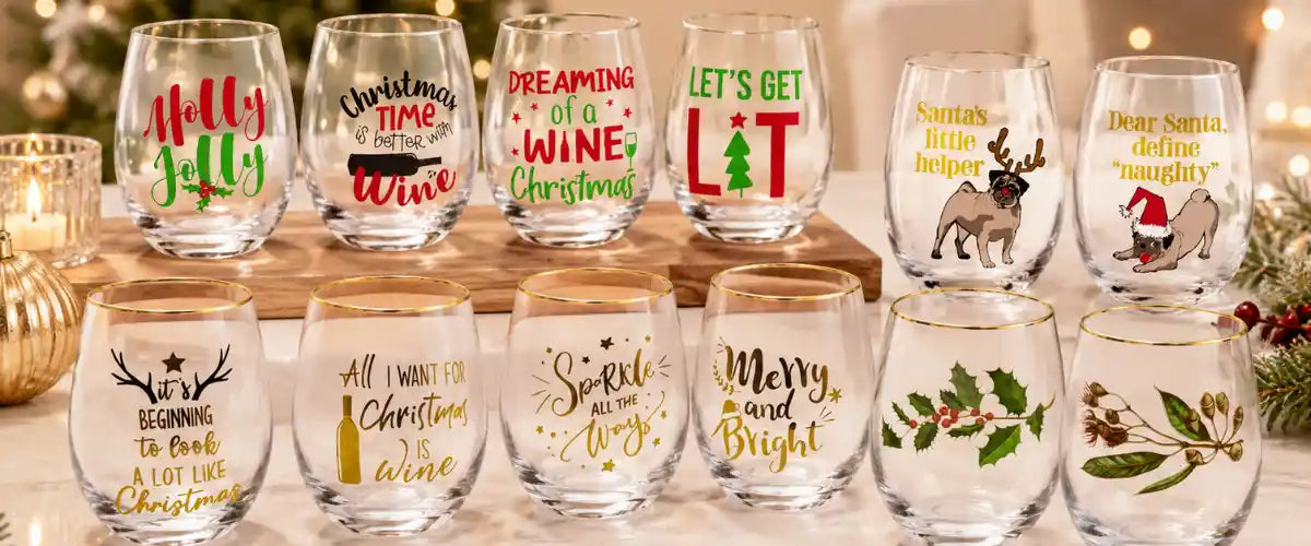 Christmas stemless wine glass featuring a festive seasonal design for holiday drinks, entertaining and Christmas celebrations.