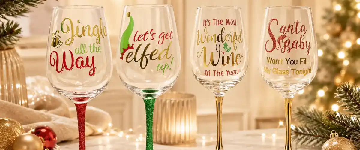 Christmas stemmed wine glass featuring a festive seasonal design for holiday drinks, Christmas dining, entertaining and gift giving.