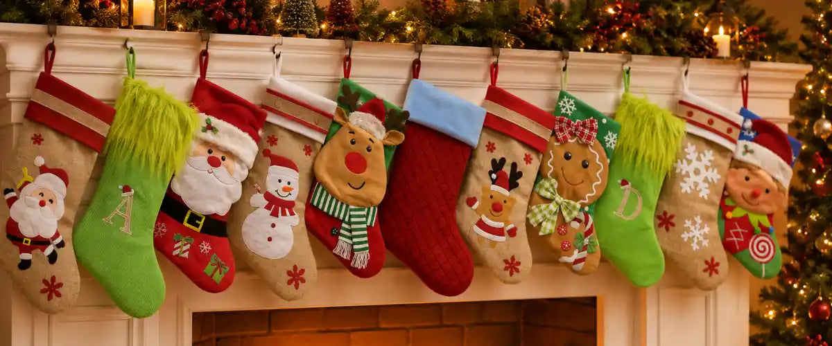 Christmas Stockings Decor featuring festive decorative stockings in classic holiday colours and seasonal designs for mantels, walls and Christmas displays.