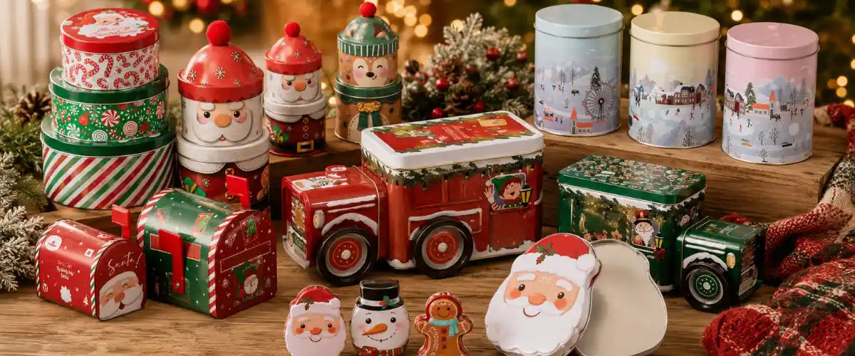 Christmas storage tins featuring festive designs for storing treats, biscuits, small gifts and seasonal kitchen essentials.