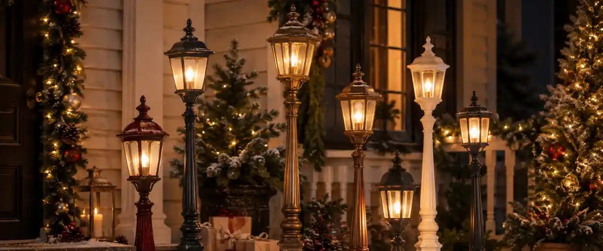 Christmas street lamps collection featuring festive illuminated lamp decorations for entryways, pathways, gardens and indoor or outdoor holiday displays.
