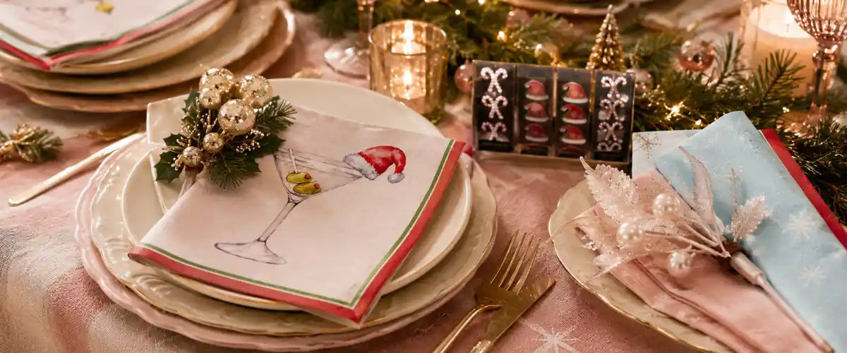 Christmas table napkins and napkin rings featuring festive designs for stylish holiday dining, table settings and seasonal entertaining.