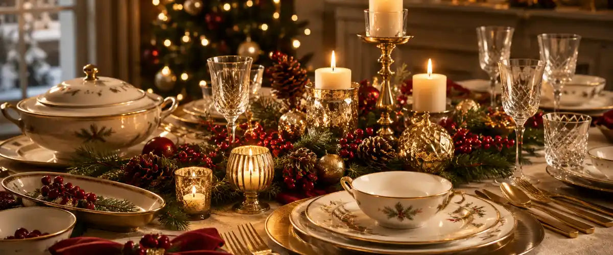 Christmas Tableware & Candlelight Collection featuring festive plates, serving pieces, candle holders and seasonal table decorations for creating a warm Christmas dining setting.