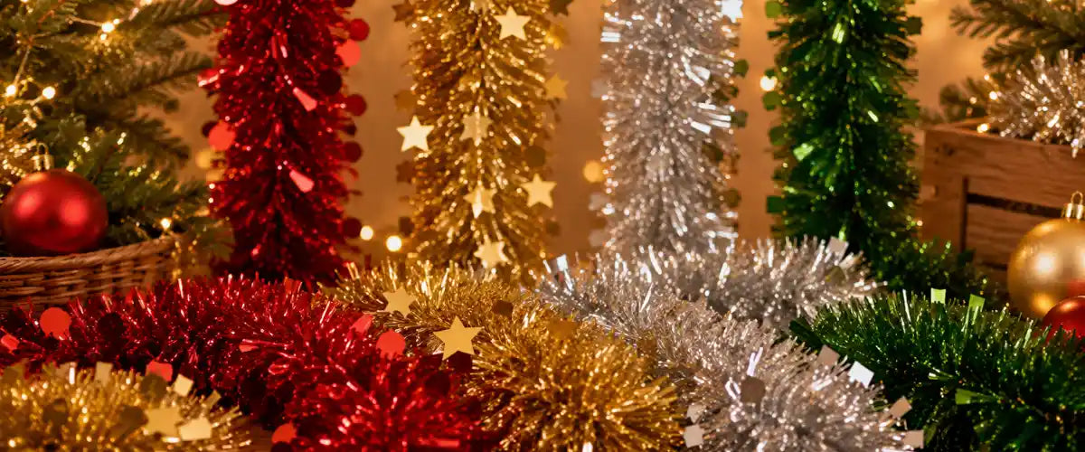 Christmas Tinsel Decorations featuring festive garlands and shimmering tinsel in classic holiday colours for decorating trees, mantels, walls and seasonal displays.