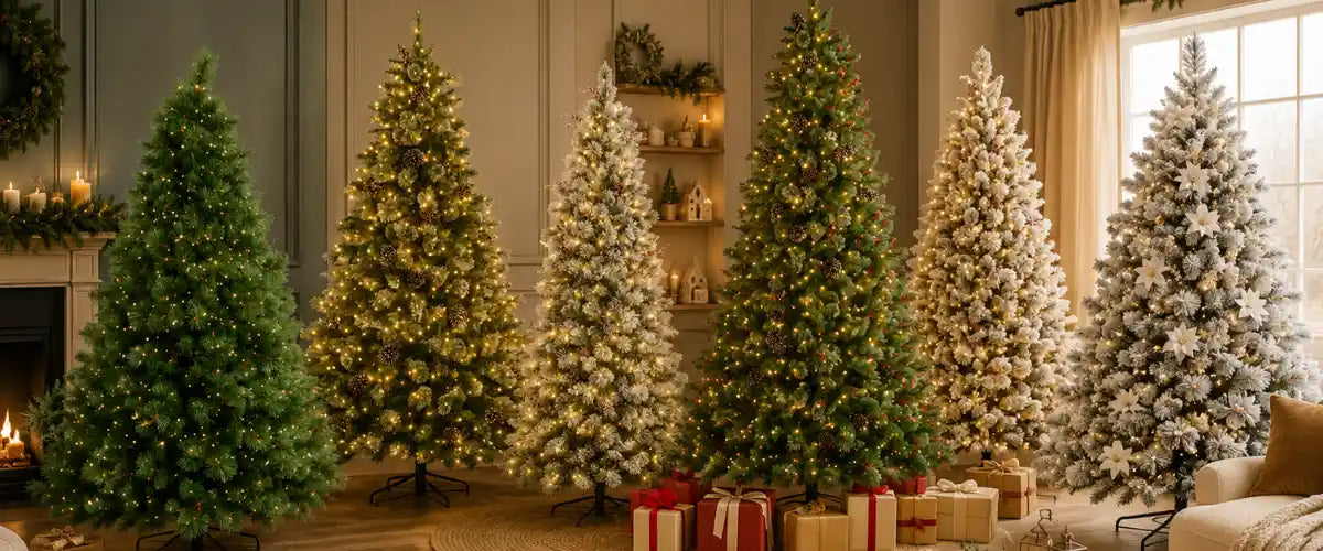 Christmas tree collection featuring festive artificial trees in a variety of styles and sizes for creating beautiful holiday displays at home.