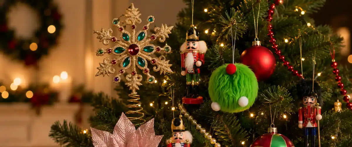 Christmas tree decorations collection with assorted festive ornaments for holiday styling