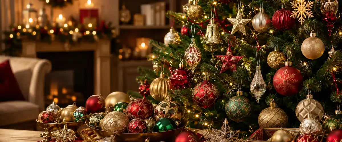 Christmas tree ornaments collection with assorted festive decorations for holiday styling