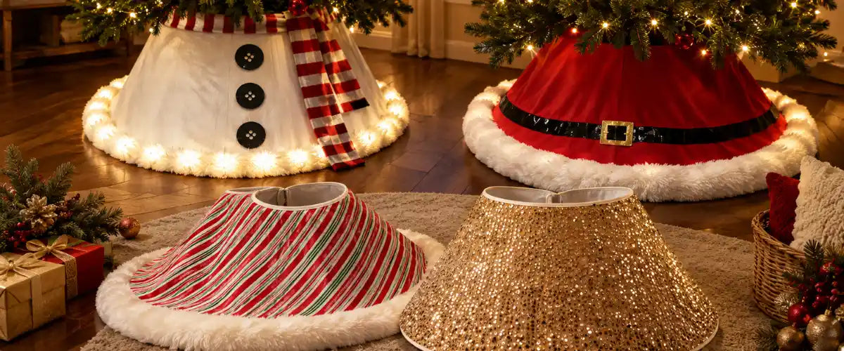 Christmas Tree Skirts featuring festive seasonal designs to beautifully cover tree bases and complete a coordinated Christmas display.
