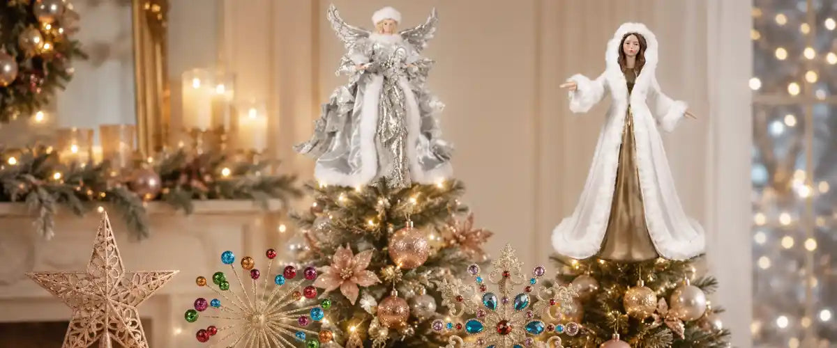 Christmas Tree Toppers featuring festive stars, angels, bows and decorative ornaments designed to complete and enhance Christmas tree displays.