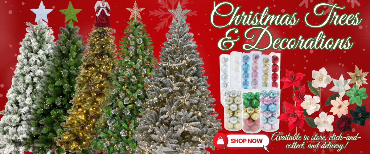 Beautiful Christmas trees decorated with toppers, baubles, tree ornaments, flowers, and tree skirts for a festive holiday atmosphere.