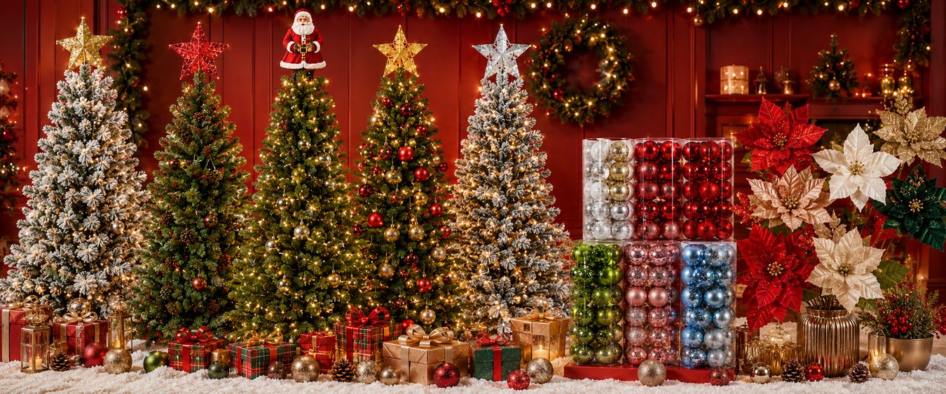 Christmas trees and decorations collection for holiday decorating