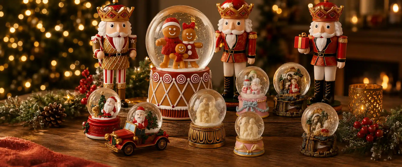 Christmas waterballs featuring festive miniature scenes and decorative snow globe-style designs for tabletops, shelves and holiday displays.