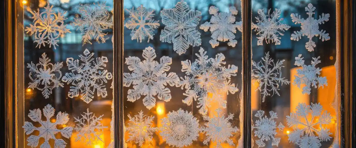 Christmas window decor collection with assorted festive decorations for holiday displays