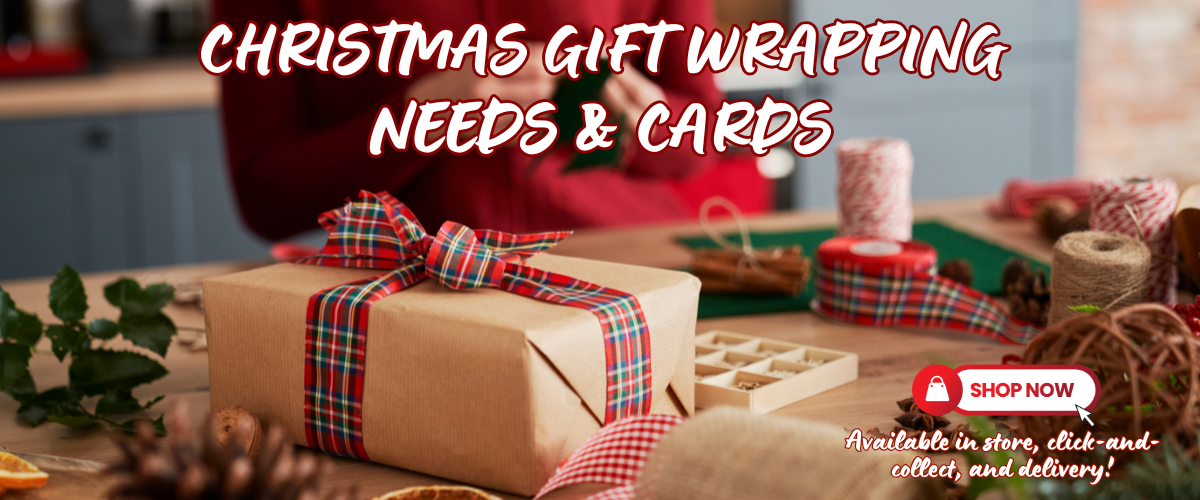 Christmas gift wrapping essentials, including festive gift bags, wrapping paper, ribbons, tags, and greeting cards to add a special touch to your presents.