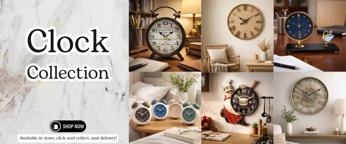 Clock Collection featuring decorative wall clocks, mantel clocks and stylish timepieces for adding practical function and character to home interiors.