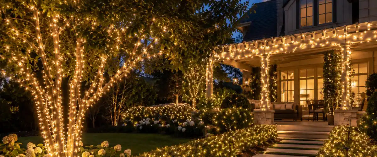 Cluster lights featuring densely arranged LED bulbs for bright, sparkling Christmas trees, garlands, indoor décor and outdoor festive displays.